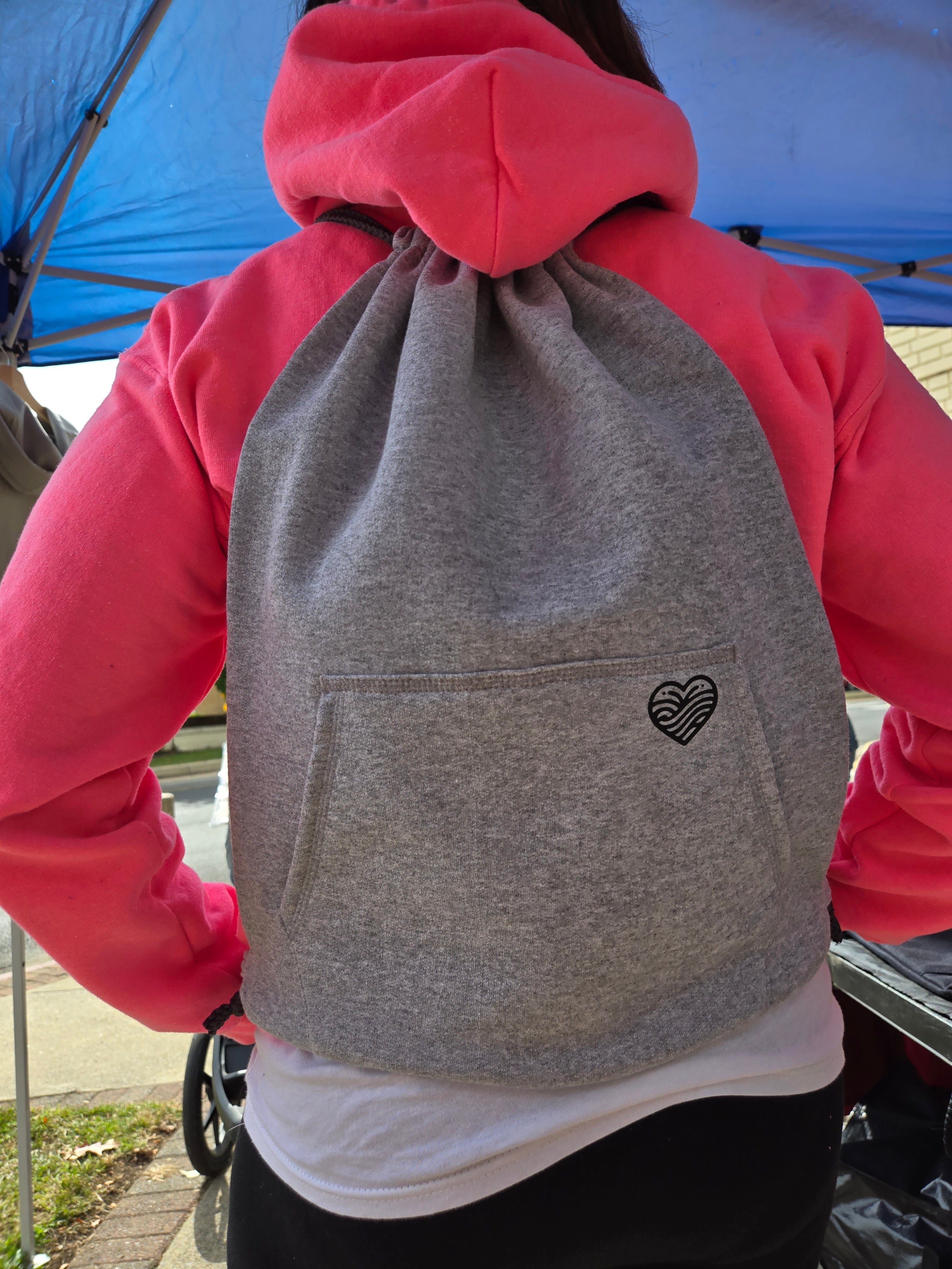 Grey Hoodie Drawstring Bag with Black Heart