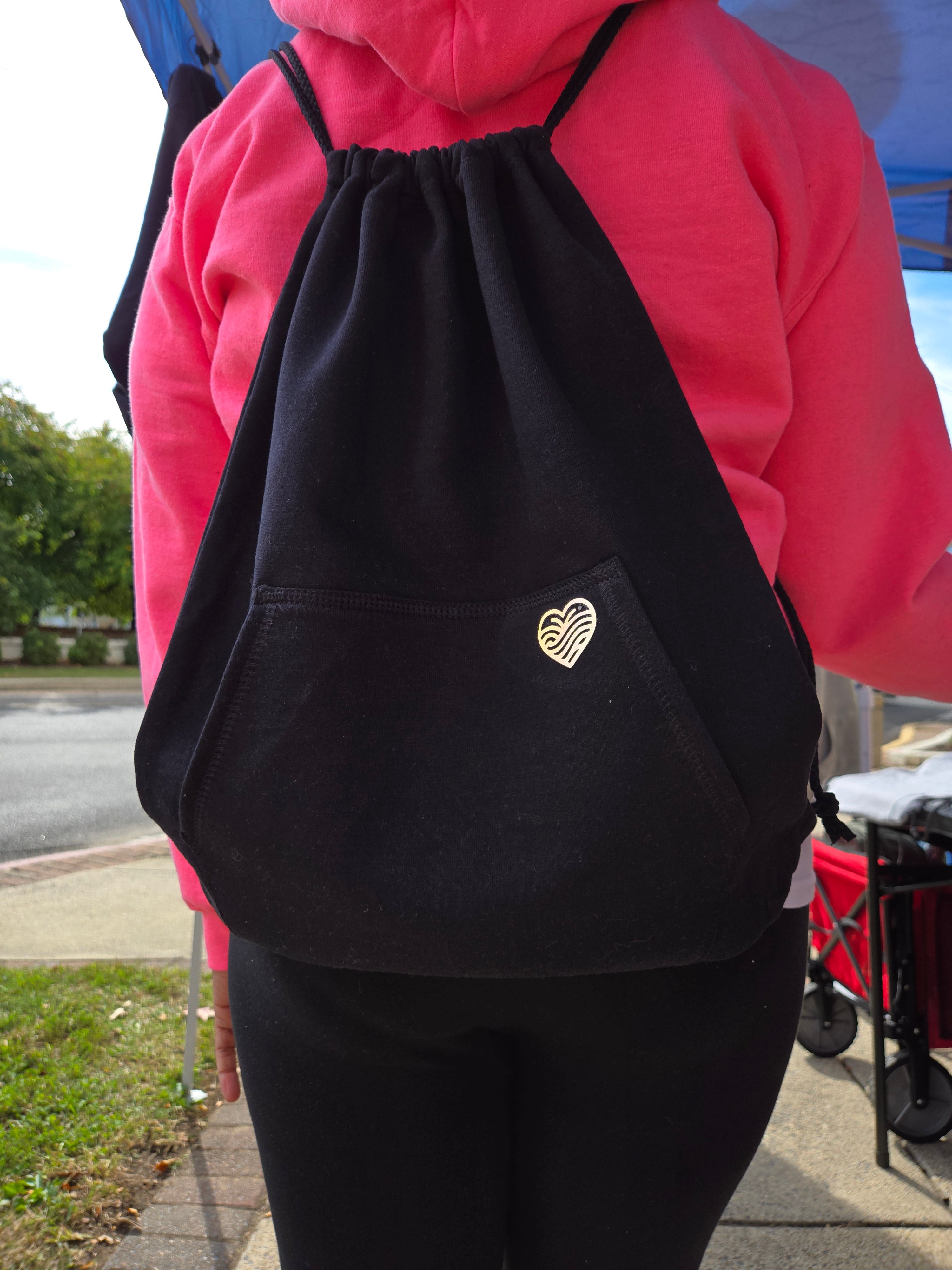 Black Hoodie Drawstring Bag with Reflected Heart